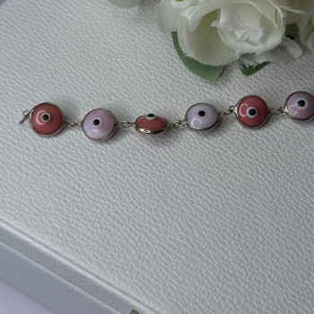 Ati 925 Sterling Silver Pink Evil Eye Bracelet Length 7 Inch