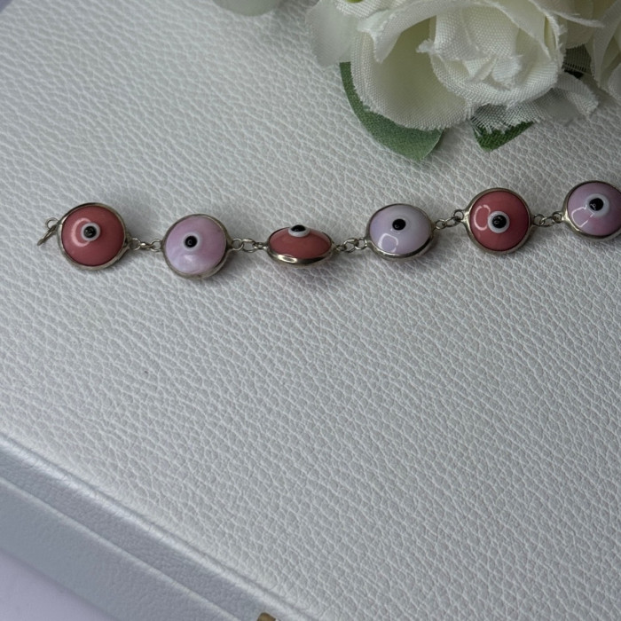 Ati 925 Sterling Silver Pink Evil Eye Bracelet Length 7 Inch