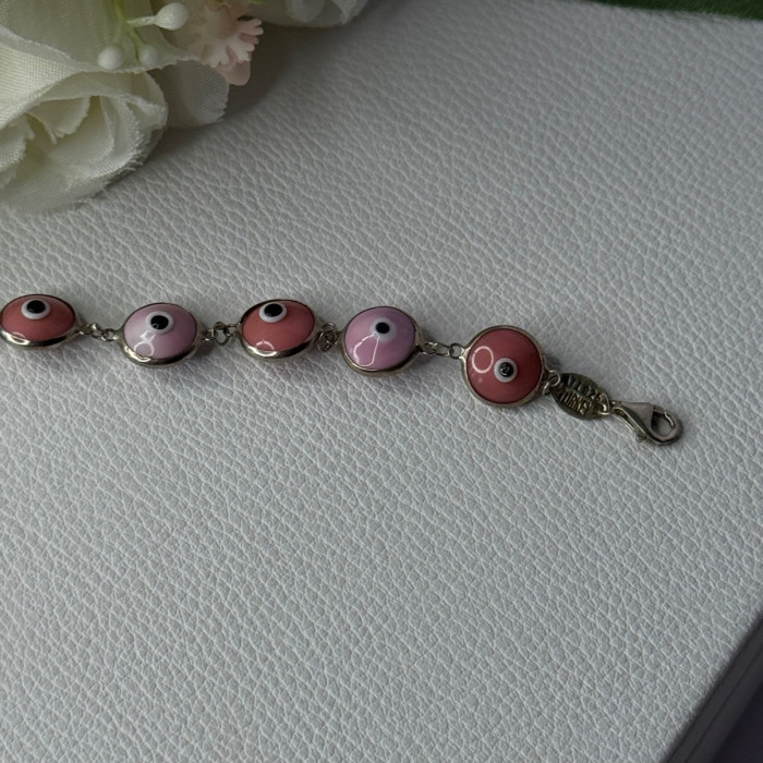 Ati 925 Sterling Silver Pink Evil Eye Bracelet Length 7 Inch