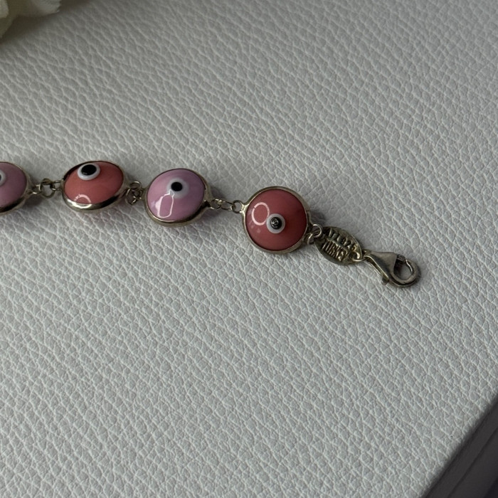Ati 925 Sterling Silver Pink Evil Eye Bracelet Length 7 Inch