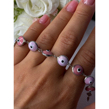 Ati 925 Sterling Silver Pink Evil Eye Bracelet Length 7 Inch