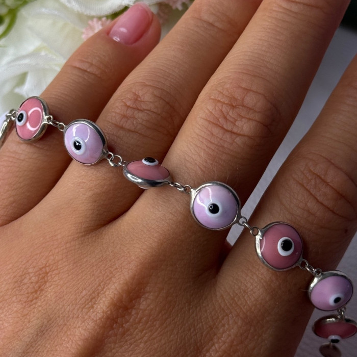 Ati 925 Sterling Silver Pink Evil Eye Bracelet Length 7 Inch