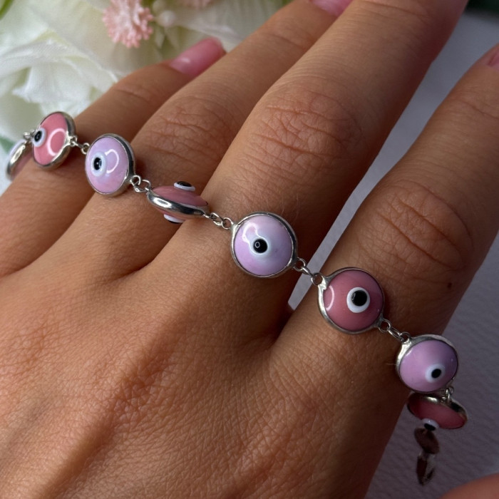 Ati 925 Sterling Silver Pink Evil Eye Bracelet Length 7 Inch