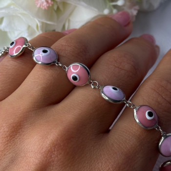 Ati 925 Sterling Silver Pink Evil Eye Bracelet Length 7 Inch