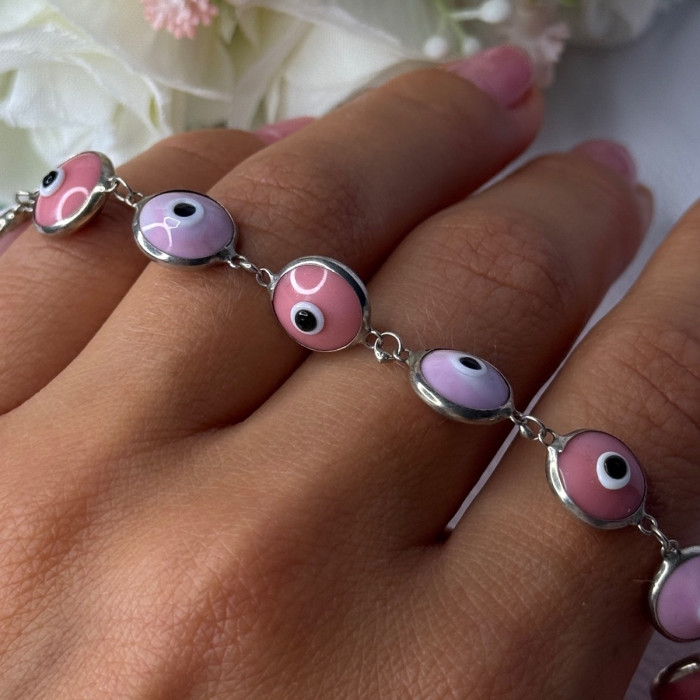 Ati 925 Sterling Silver Pink Evil Eye Bracelet Length 7 Inch