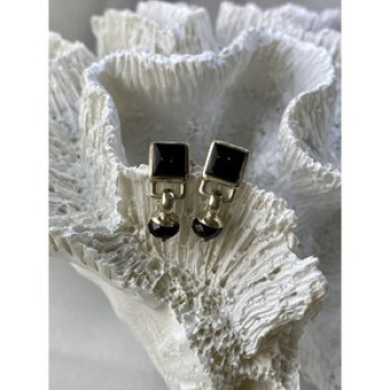 Vintage 925 Sterling Silver Black Nephrite Earrings