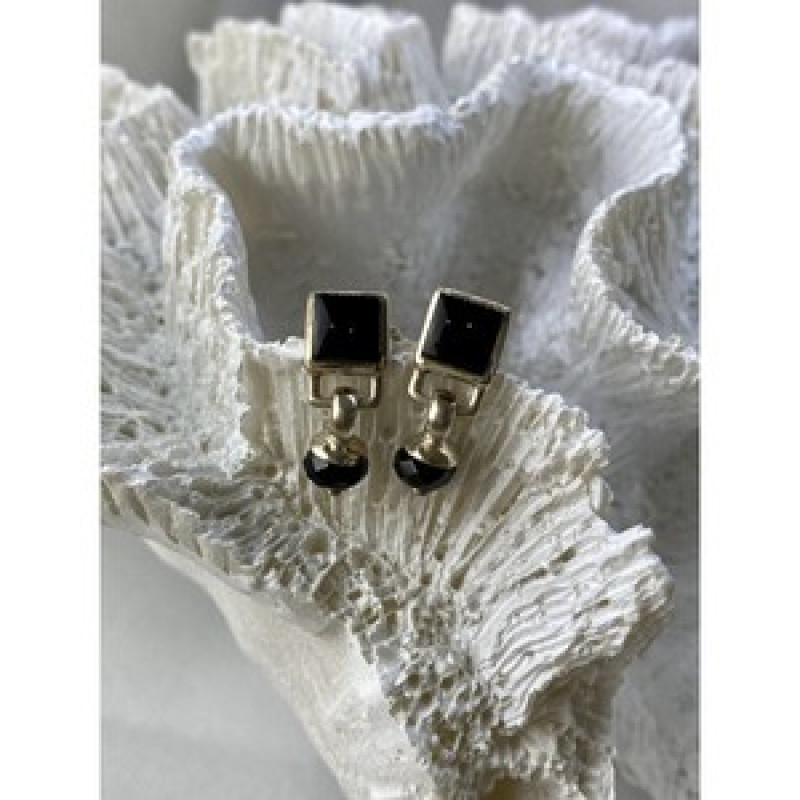 Vintage 925 Sterling Silver Black Nephrite Earrings