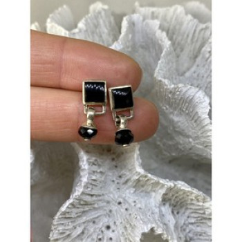 Vintage 925 Sterling Silver Black Nephrite Earrings