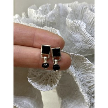 Vintage 925 Sterling Silver Black Nephrite Earrings