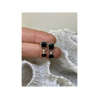 Vintage 925 Sterling Silver Black Nephrite Earrings