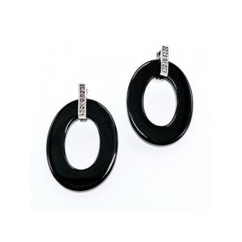 925 Sterling Silver Black Jewelry Glass & CZ Earrings