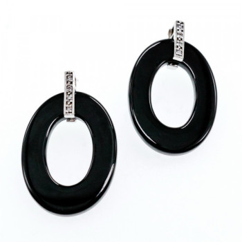 925 Sterling Silver Black Jewelry Glass & CZ Earrings