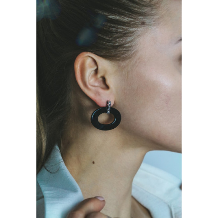 925 Sterling Silver Black Jewelry Glass & CZ Earrings