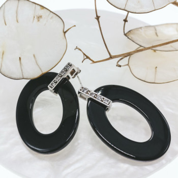 925 Sterling Silver Black Jewelry Glass & CZ Earrings