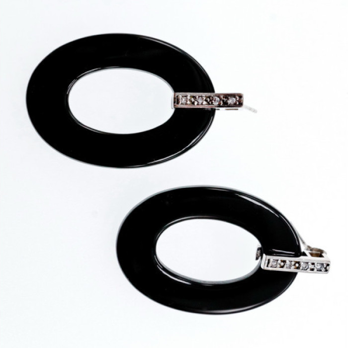 925 Sterling Silver Black Jewelry Glass & CZ Earrings