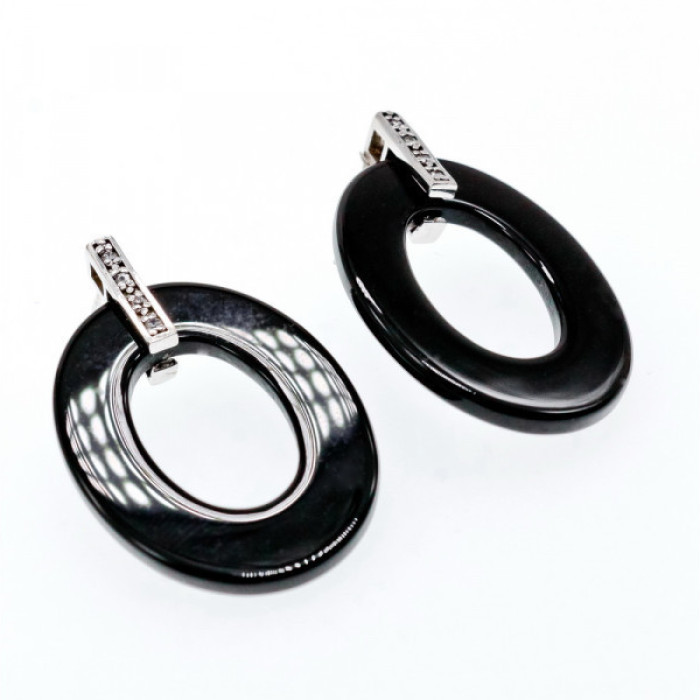 925 Sterling Silver Black Jewelry Glass & CZ Earrings