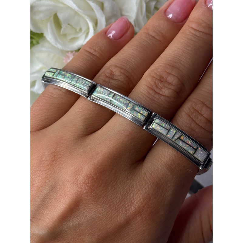 925 Sterling Silver Shiny Opal Bracelet Length 7.5 Inch