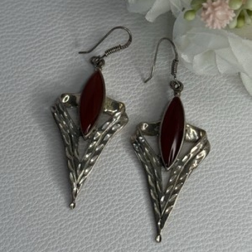 Vintage 925 Sterling Silver Agate Earrings Length 2.60 Inch