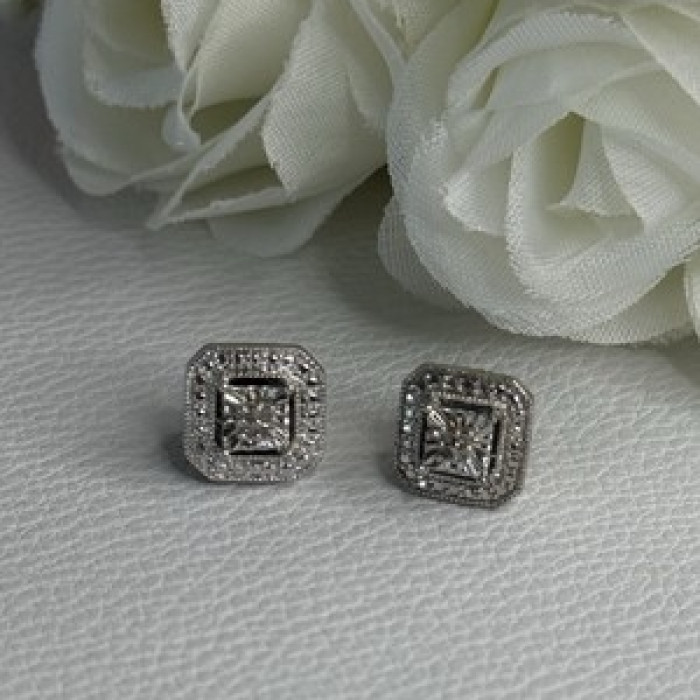 925 Sterling Silver Diamonds Stud Earrings Length 0.37 Inch