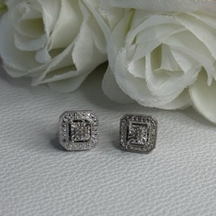 925 Sterling Silver Diamonds Stud Earrings Length 0.37 Inch