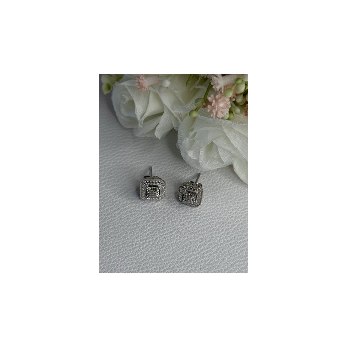 925 Sterling Silver Diamonds Stud Earrings Length 0.37 Inch