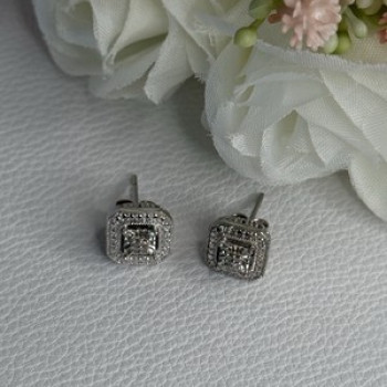 925 Sterling Silver Diamonds Stud Earrings Length 0.37 Inch