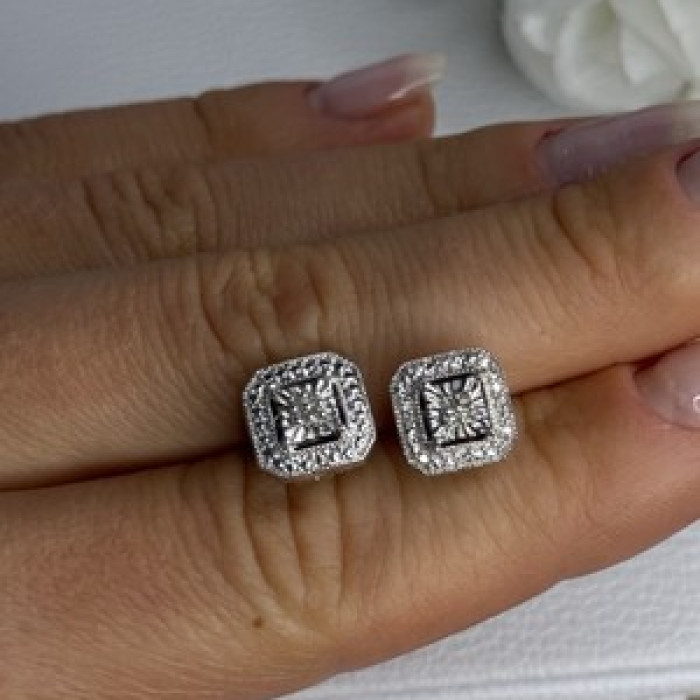 925 Sterling Silver Diamonds Stud Earrings Length 0.37 Inch