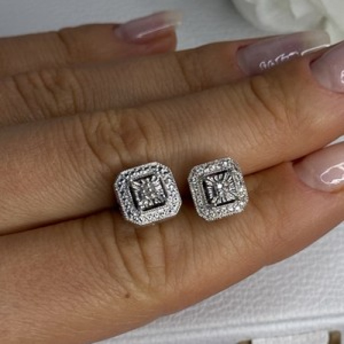 925 Sterling Silver Diamonds Stud Earrings Length 0.37 Inch