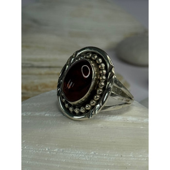 Vintage Design 925 Sterling Silver Amber Ring Size 9
