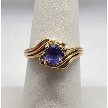 14K YELLOW GOLD RING TANZANITE & DIAMOND SIZE 6