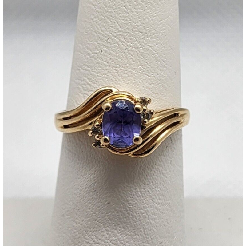 14K YELLOW GOLD RING TANZANITE & DIAMOND SIZE 6