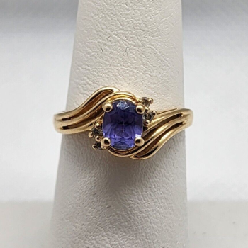 14K YELLOW GOLD RING TANZANITE & DIAMOND SIZE 6