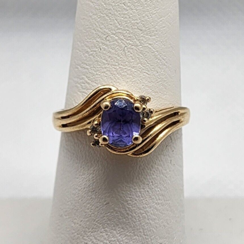 14K YELLOW GOLD RING TANZANITE & DIAMOND SIZE 6