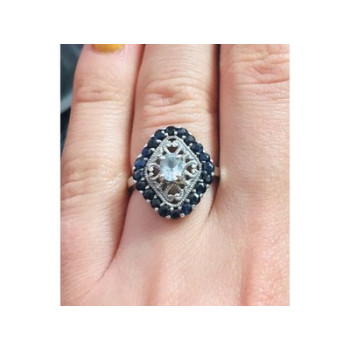 925 Sterling Silver Aquamarine & Dark Blue Spinel Ring Size 7