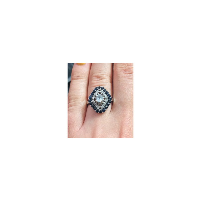 925 Sterling Silver Aquamarine & Dark Blue Spinel Ring Size 7