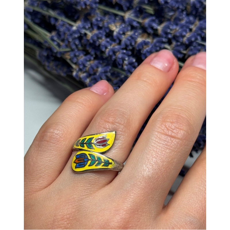 925 Sterling Silver Vintage Enamel Flower Ring Size 6