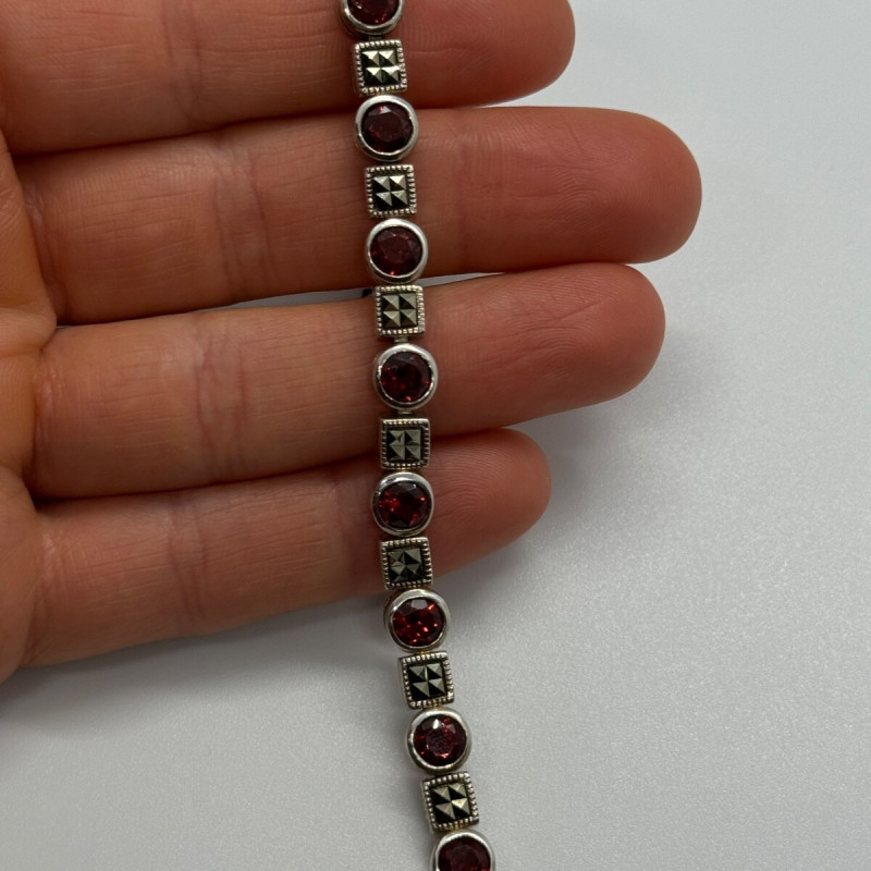 925 Sterling Silver Garnet & Marcasite Bracelet