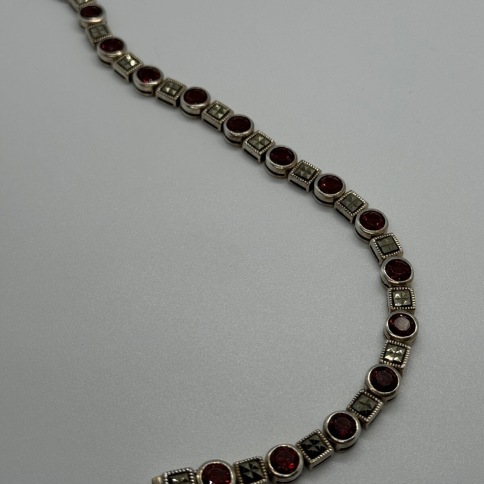 925 Sterling Silver Garnet & Marcasite Bracelet