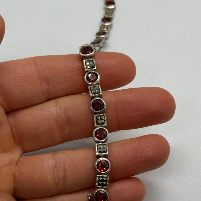 925 Sterling Silver Garnet & Marcasite Bracelet