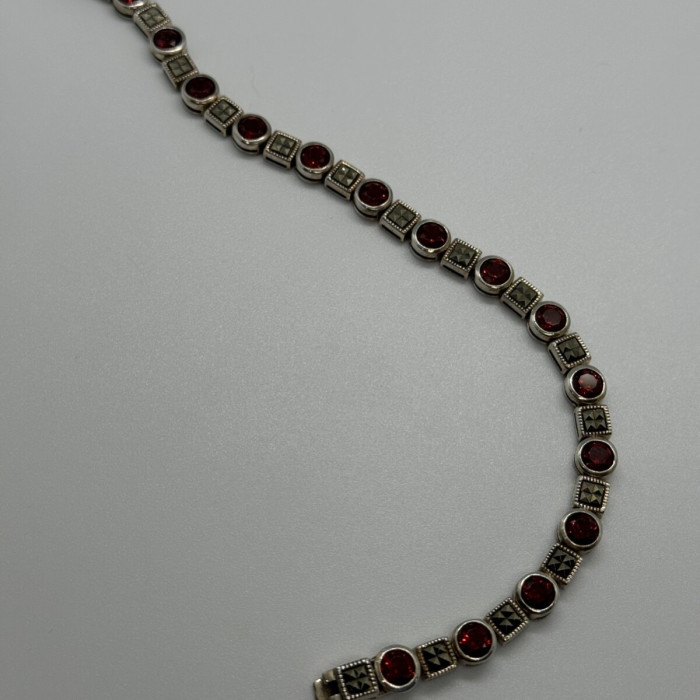 925 Sterling Silver Garnet & Marcasite Bracelet