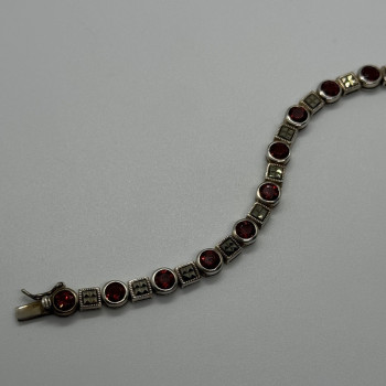 925 Sterling Silver Garnet & Marcasite Bracelet