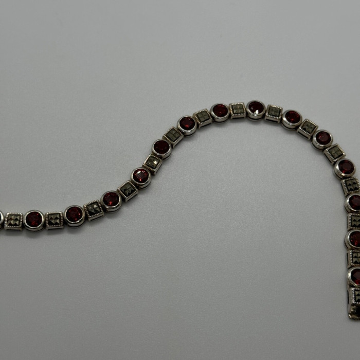 925 Sterling Silver Garnet & Marcasite Bracelet