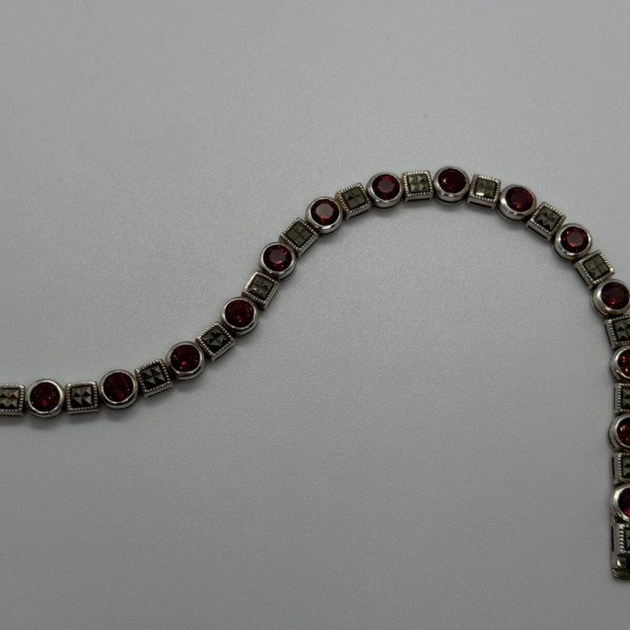 925 Sterling Silver Garnet & Marcasite Bracelet