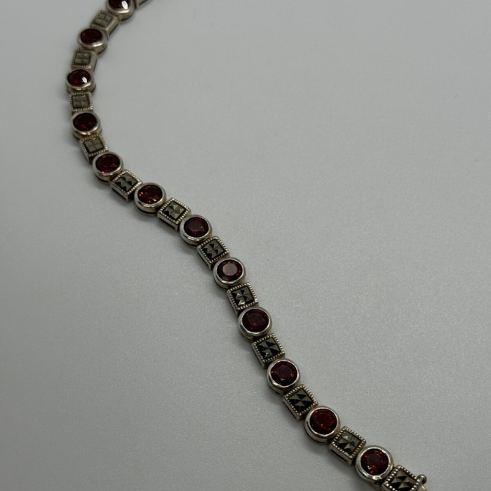 925 Sterling Silver Garnet & Marcasite Bracelet
