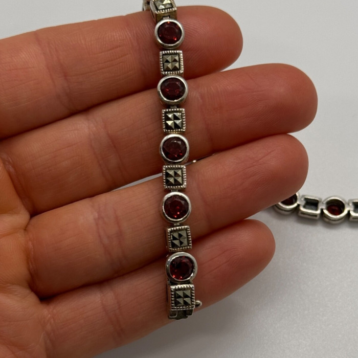 925 Sterling Silver Garnet & Marcasite Bracelet