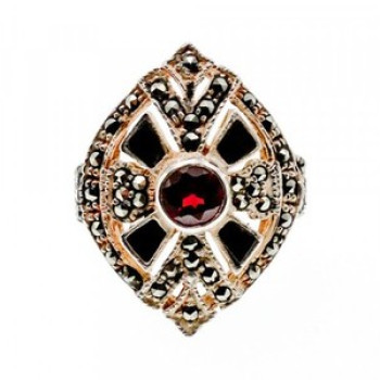925 Sterling Silver Spessartine, Black Nephrite & Marcasites Ring Size 6.5