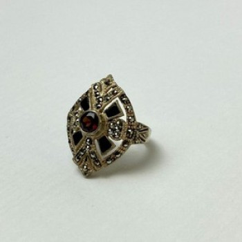 925 Sterling Silver Spessartine, Black Nephrite & Marcasites Ring Size 6.5