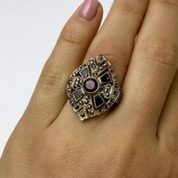 925 Sterling Silver Spessartine, Black Nephrite & Marcasites Ring Size 6.5