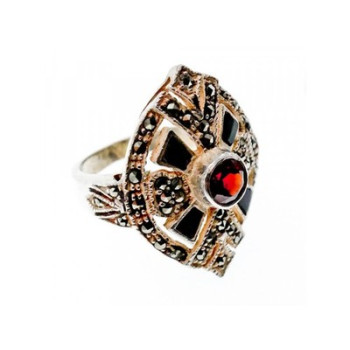 925 Sterling Silver Spessartine, Black Nephrite & Marcasites Ring Size 6.5