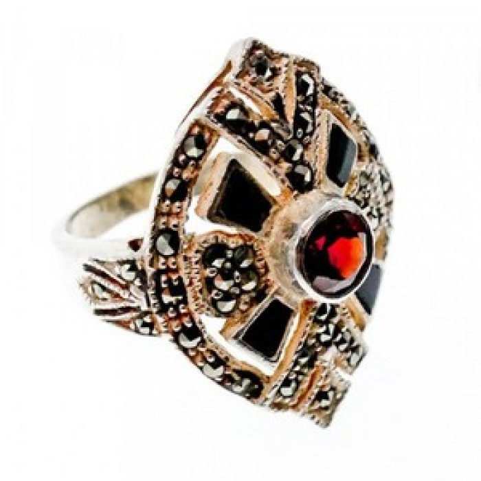 925 Sterling Silver Spessartine, Black Nephrite & Marcasites Ring Size 6.5
